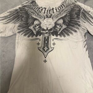 Affliction White Short Sleeve Tee with skull with wings Design